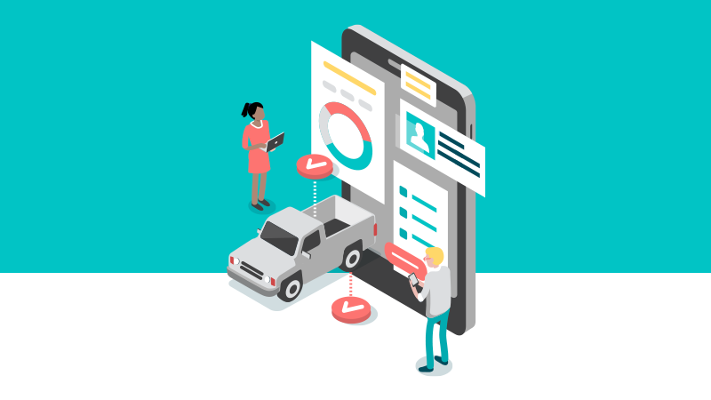 Illustration of people doing an inspection of a vehicle via mobile