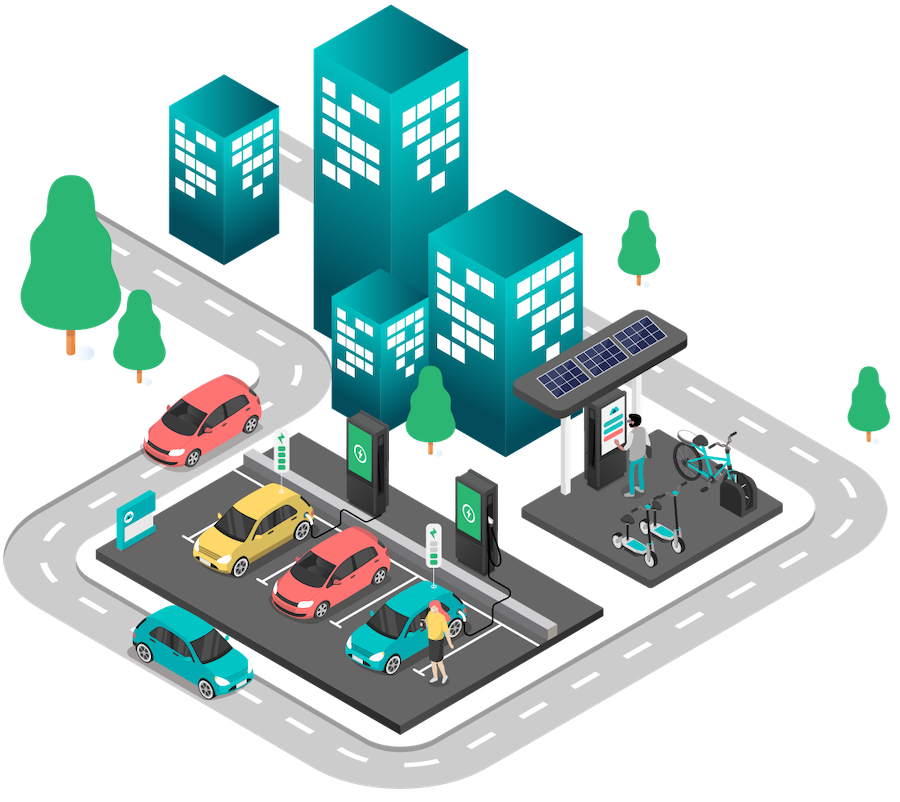 Isometric illustration of an electric car charging station promoting sustainability in the transition to EVs.